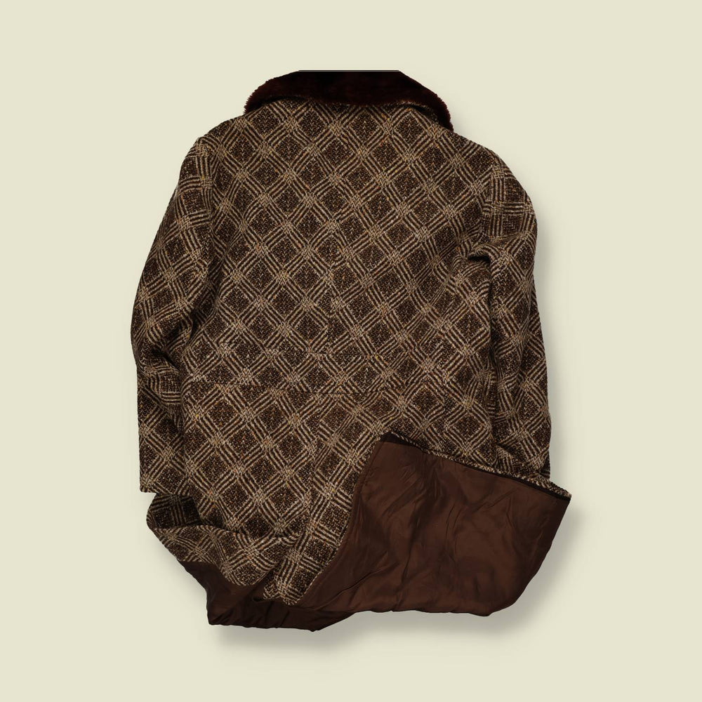 1970s | Faux Fur Collar Coat | Brown Check - 14
