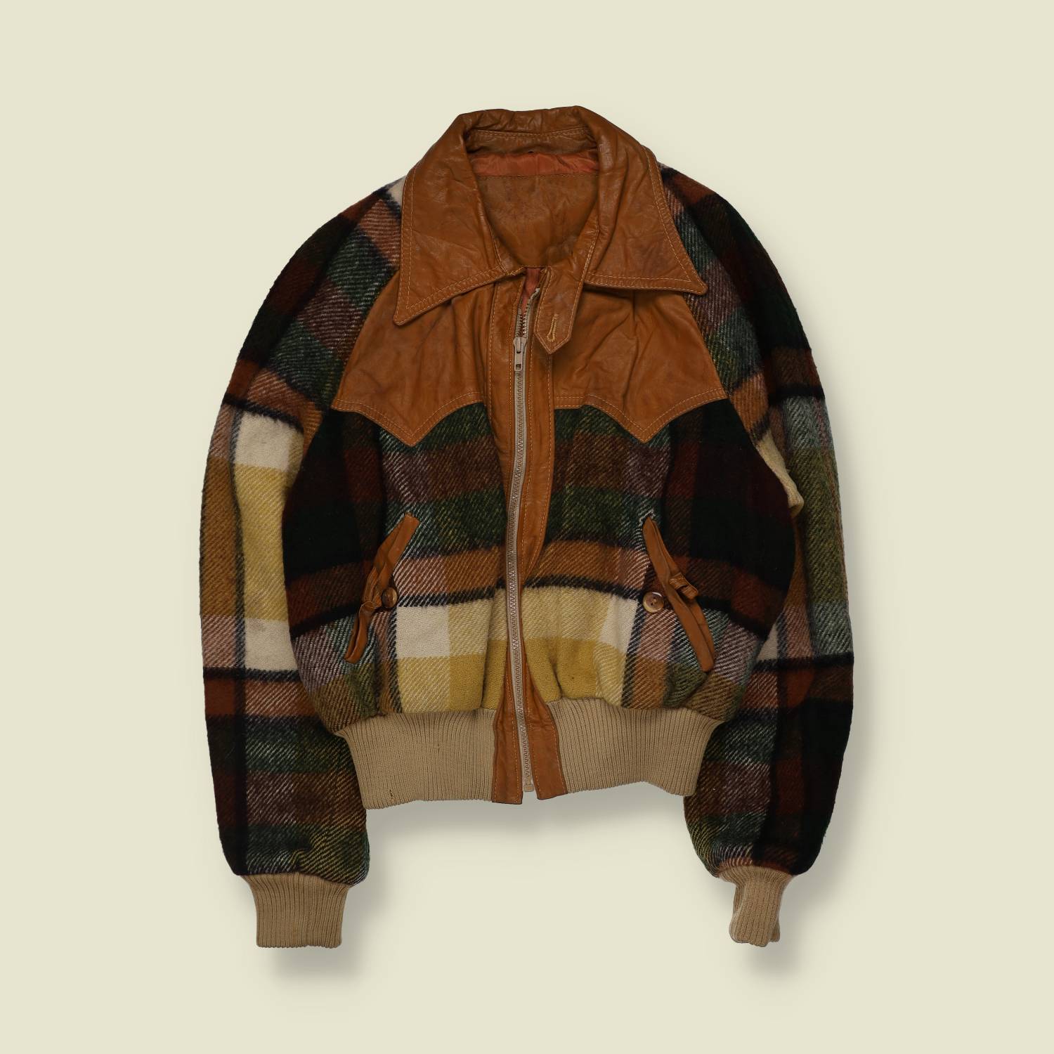 1970s | Plaid Bomber Jacket | Tan Leather Trim - 14