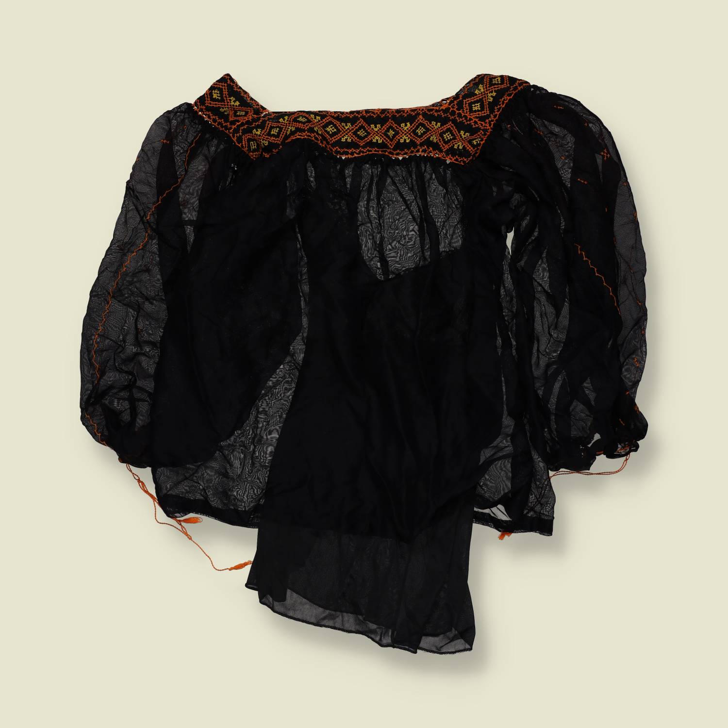 1970s–1980s | Sheer Embroidered Blouse With Attached Underlayer | Black Orange - 10