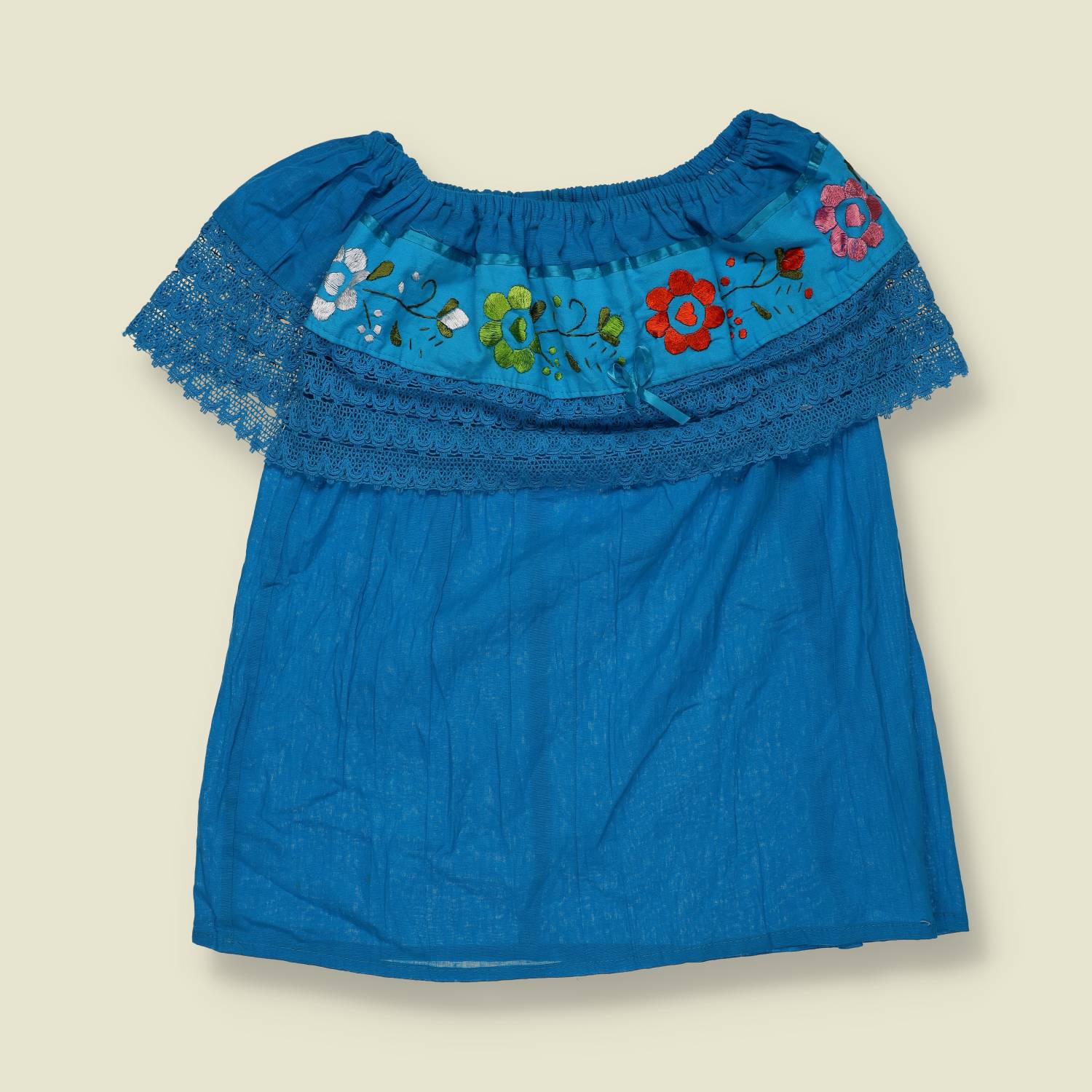 1970s–1980s | Embroidered Off-Shoulder Blouse | Bright Blue Multi - 6