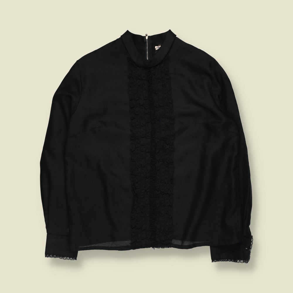1970s | High Neck Lace Trim Top | Black - 14