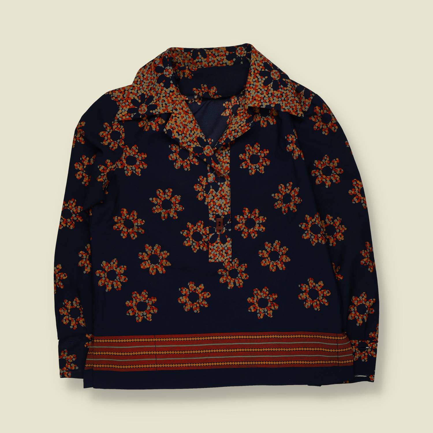 1970s | Floral Print Polyester Blouse | Navy And Rust - 14