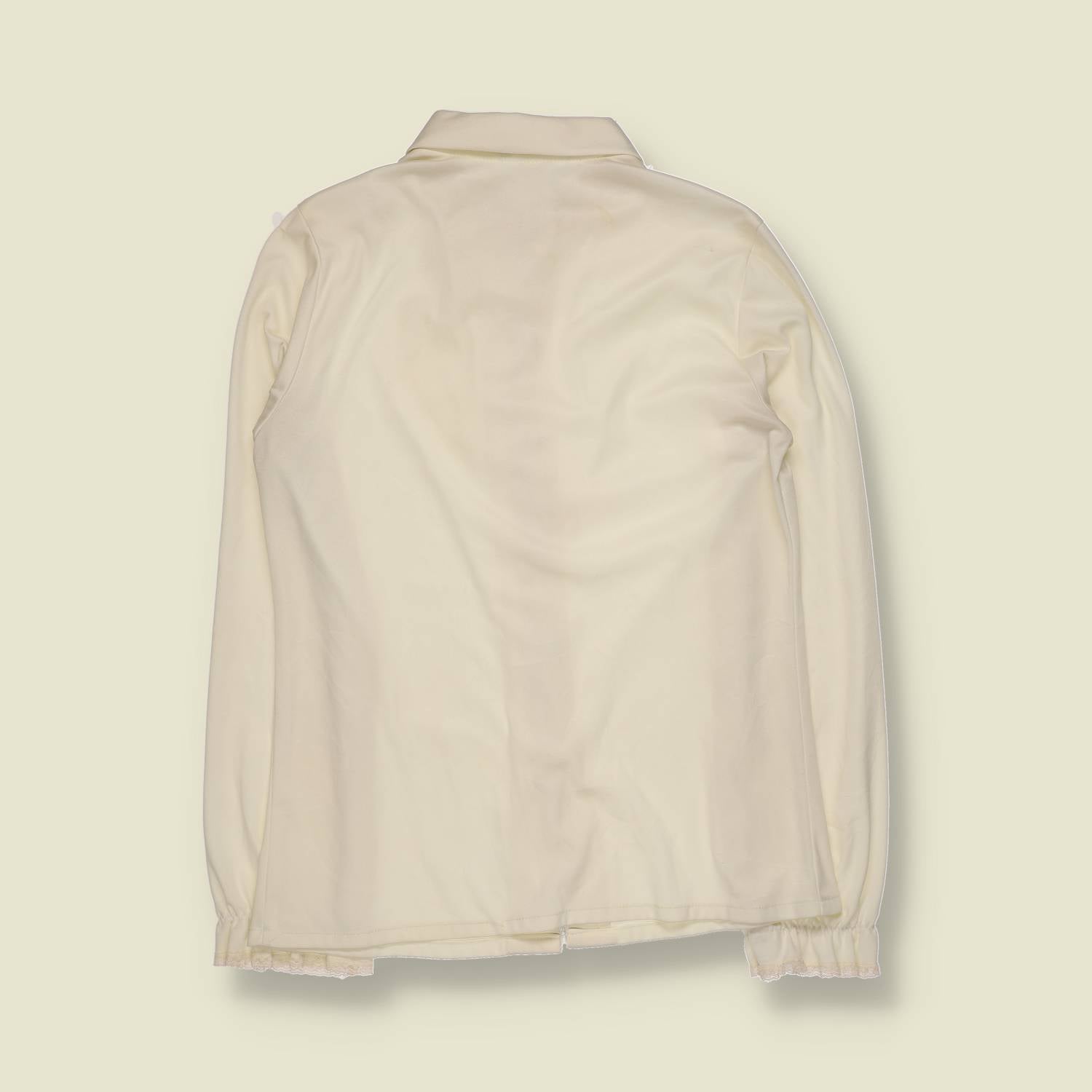 1970s | Ruffle Front Polyester Blouse | Cream - 8