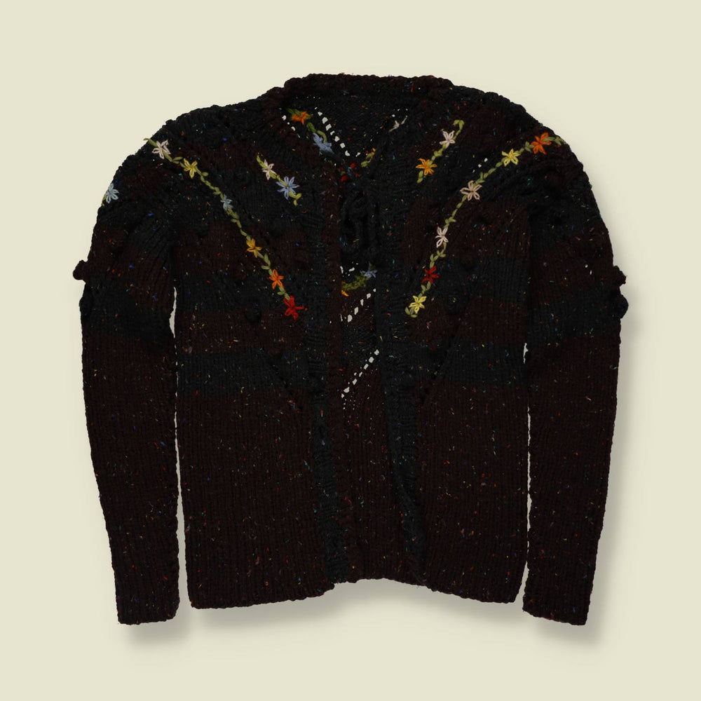 1970s | Floral Hand Knitted Folk Cardigan - Black - 10
