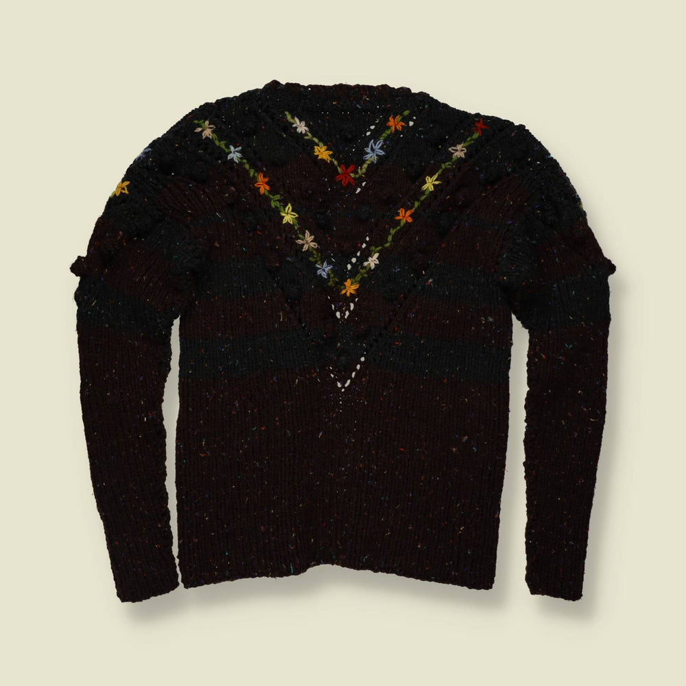 1970s | Floral Hand Knitted Folk Cardigan - Black - 10