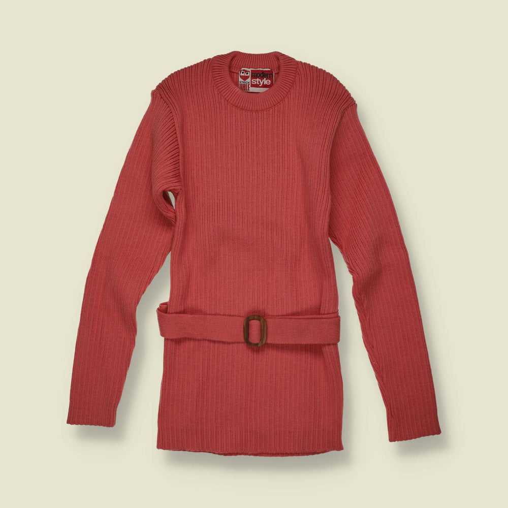 1970s | Modern Style | Coral Ribbed Knit Belted Jumper - Deadstock - 4