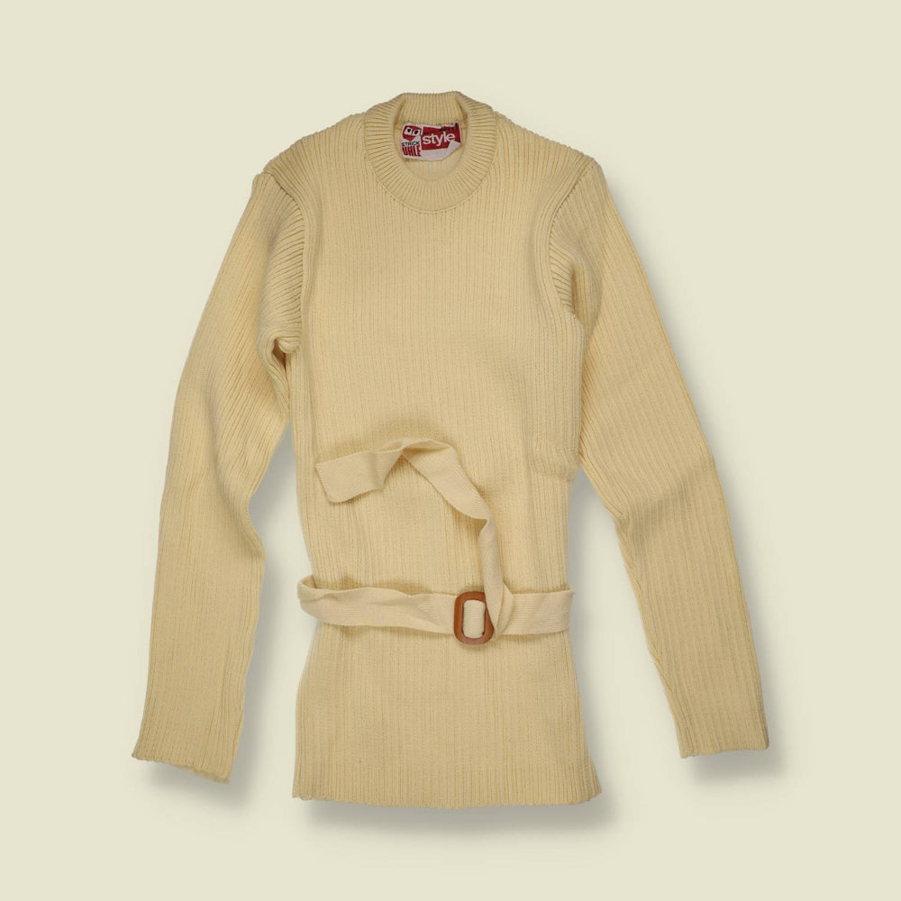 1970s | Modern Style | Cream Ribbed Knit Belted Jumper - Deadstock - 2