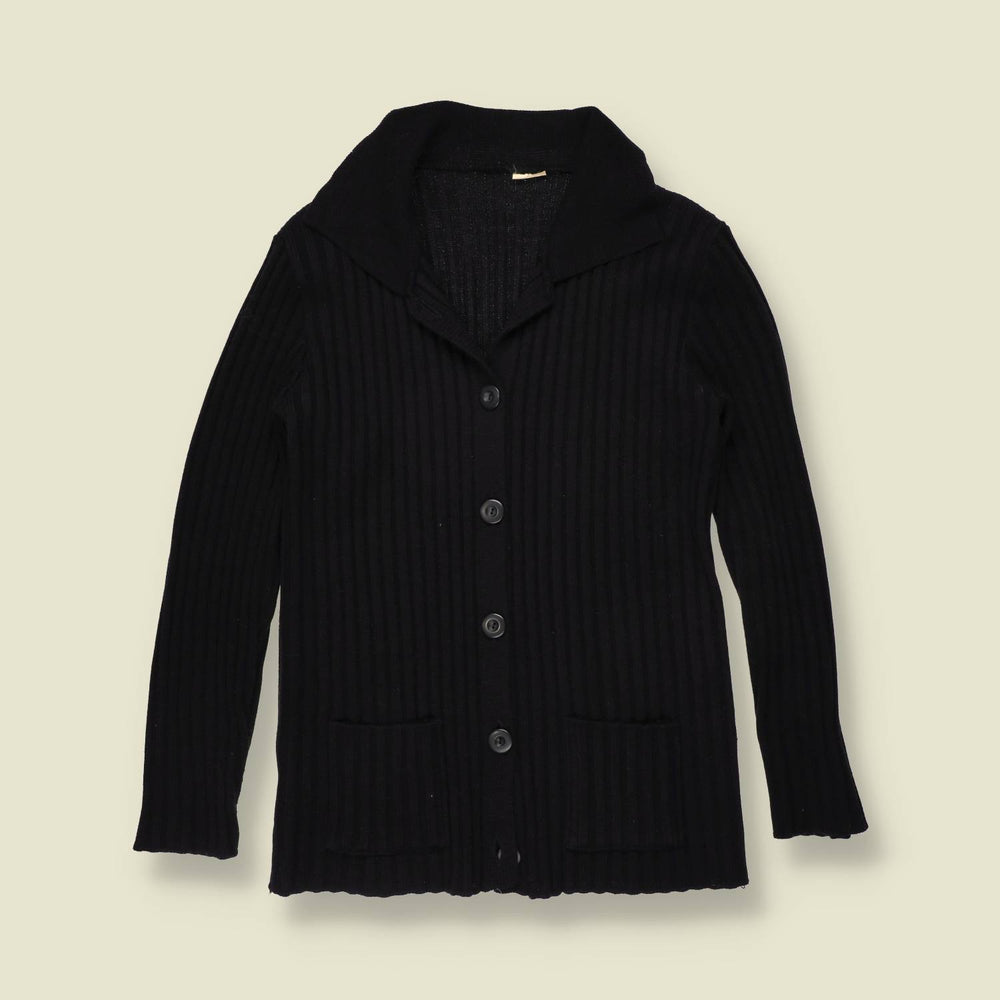 1970s | Black Ribbed Wool Blend Cardigan - 10