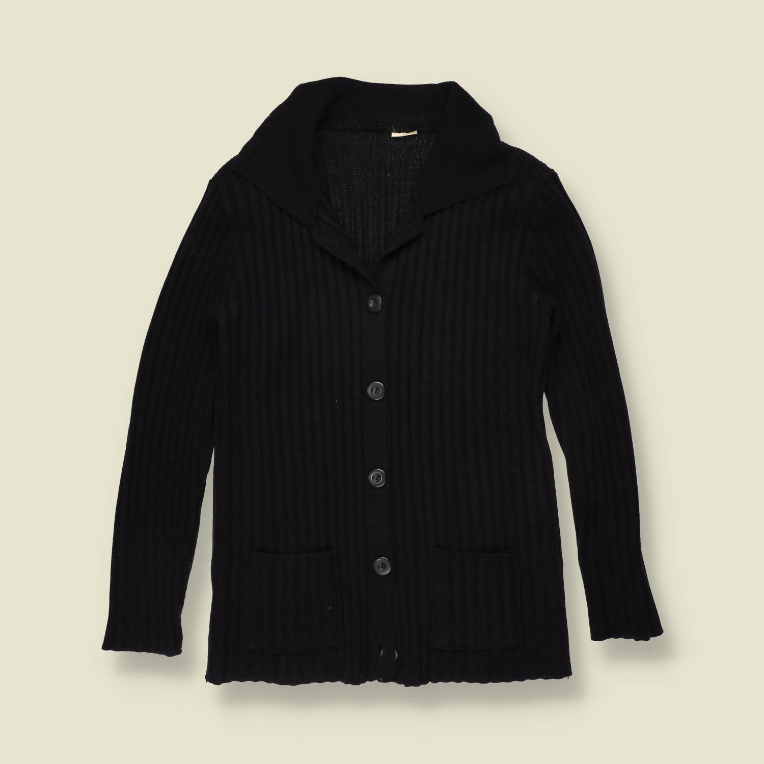1970s | Black Ribbed Wool Blend Cardigan - 10