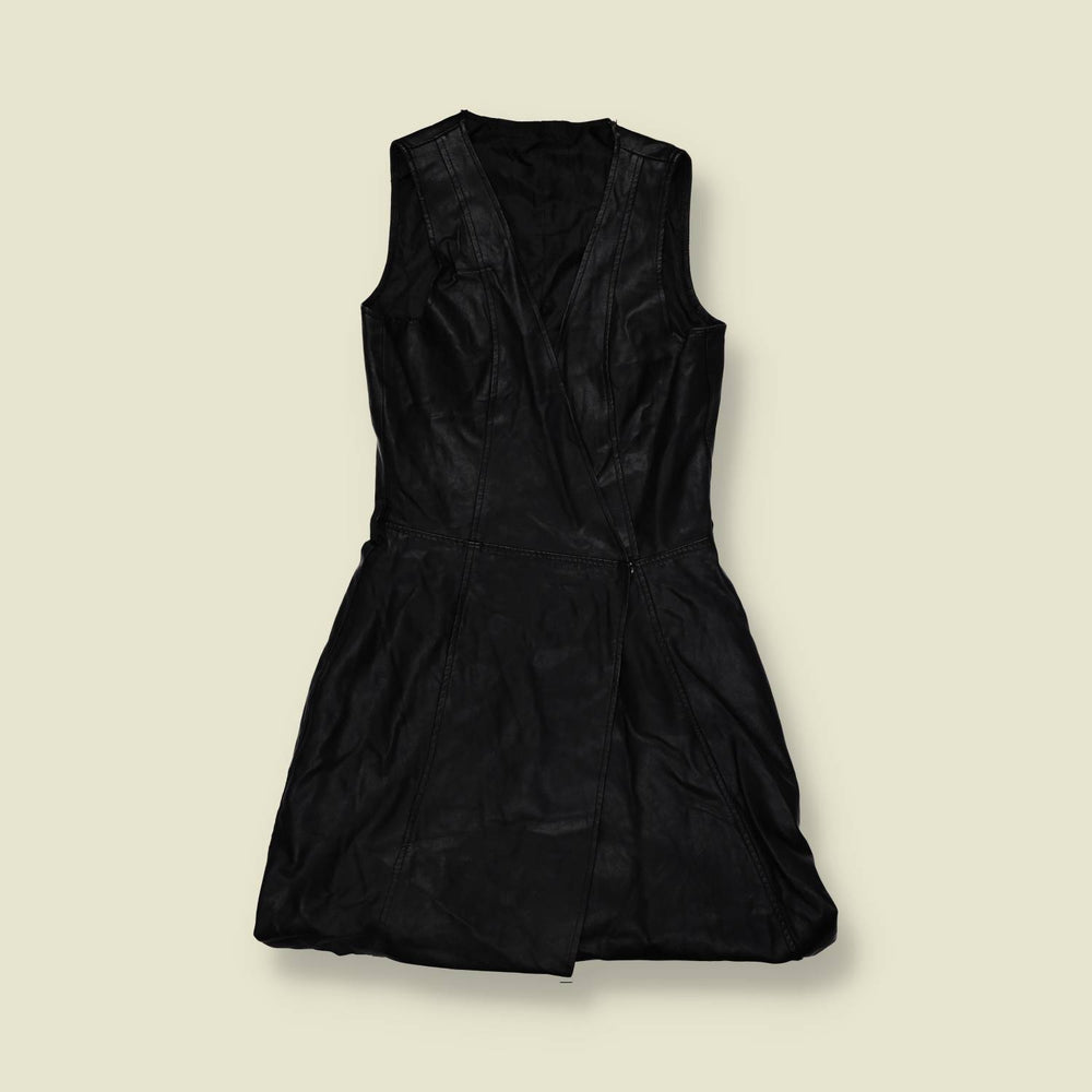 1990s | Leather Wrap Mini Dress - Black - 6