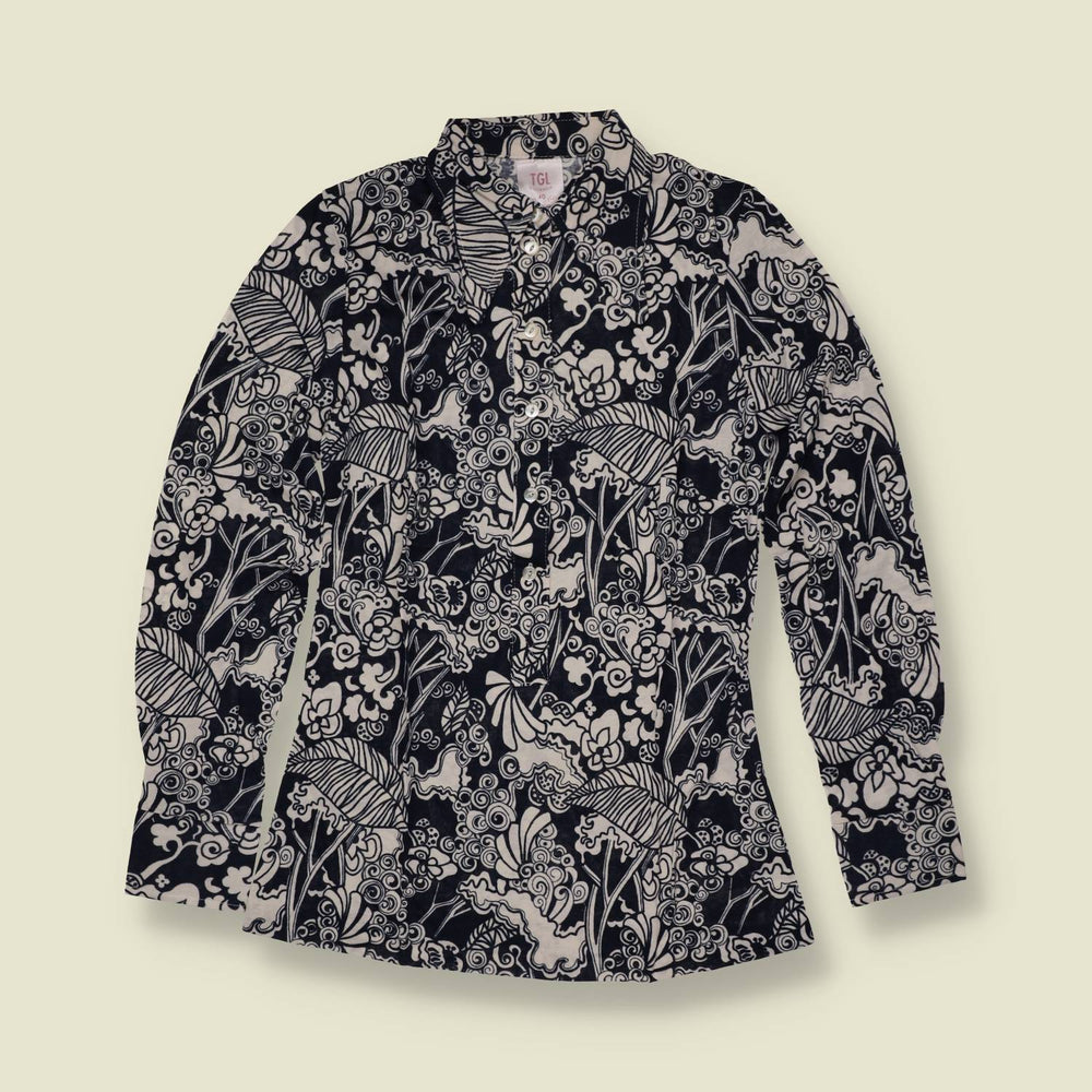 1970s | TGL | Black and White Floral Print Blouse - 6
