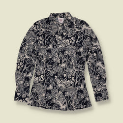 1970s | TGL | Black and White Floral Print Blouse - 6