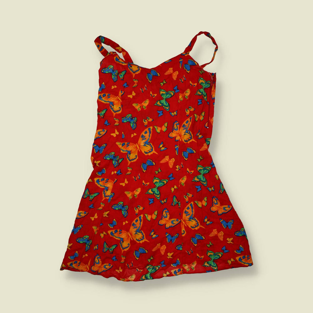 1990s | Butterfly Print Strappy Mini Dress - Red - 6