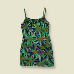 1990s | Floral Print Strappy Mini Dress - Green - 6