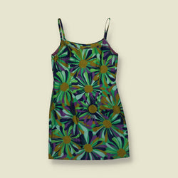 1990s | Floral Print Strappy Mini Dress - Green - 6
