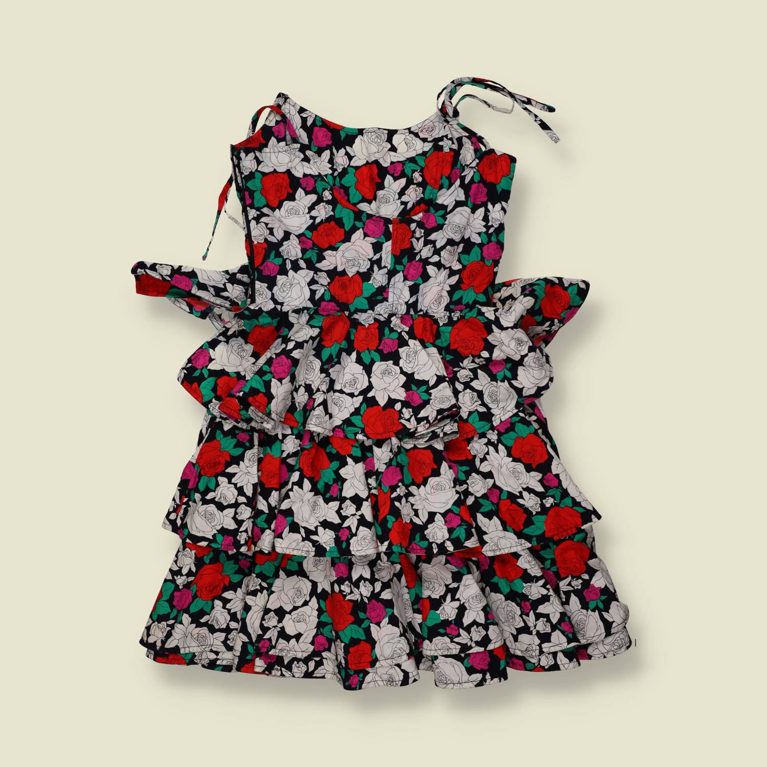 1990s | Rose Print Tiered Ruffle Mini Dress - Black - 6