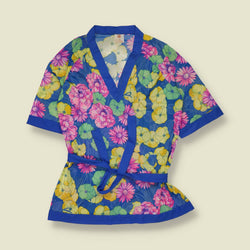 1970s | Floral Print Wrap Blouse - Blue - 8