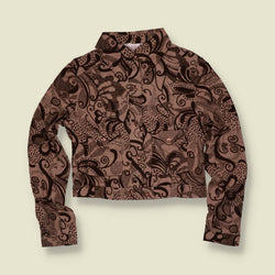 1970s | TGL | Abstract Print Cropped Blouse - Brown - 8