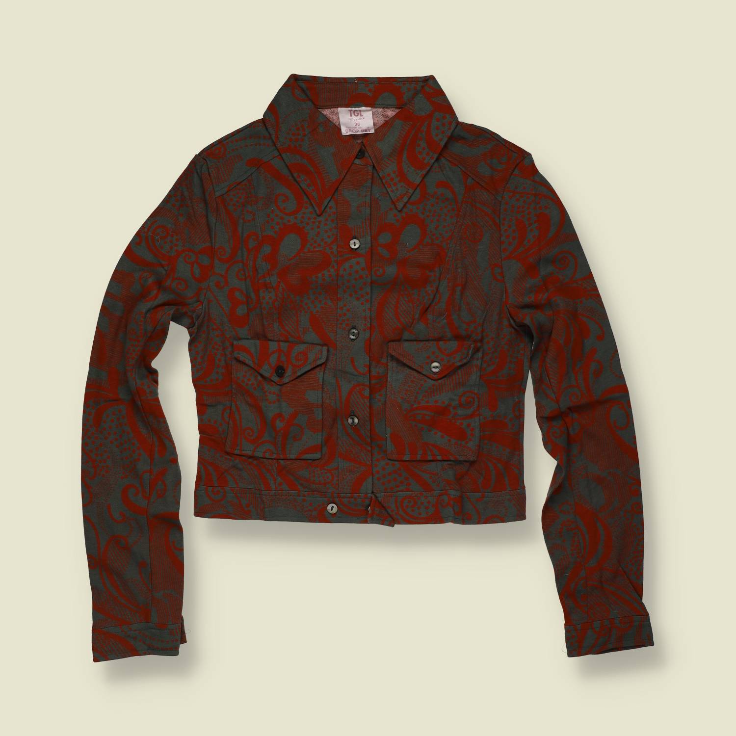 1970s | TGL | Abstract Print Cropped Blouse - Red - Deadstock - 6