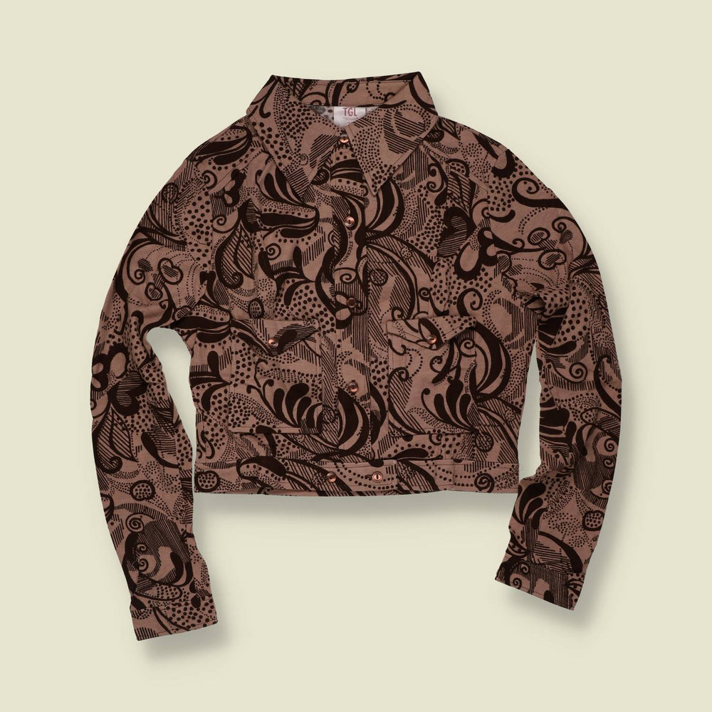 1970s | TGL | Abstract Print Cropped Blouse - Taupe - Deadstock - 8