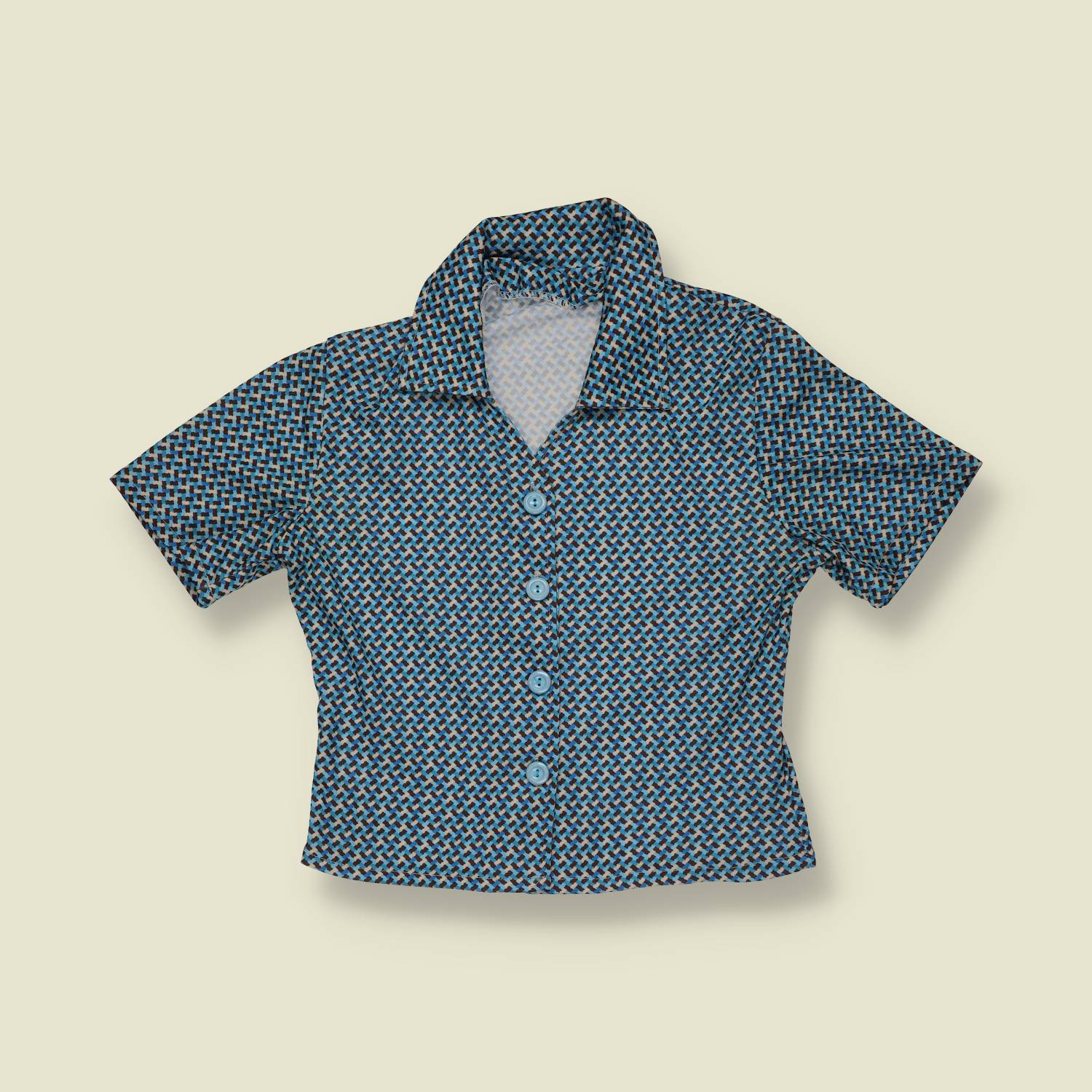 1970s | Geometric Print Blouse - Blue - 6