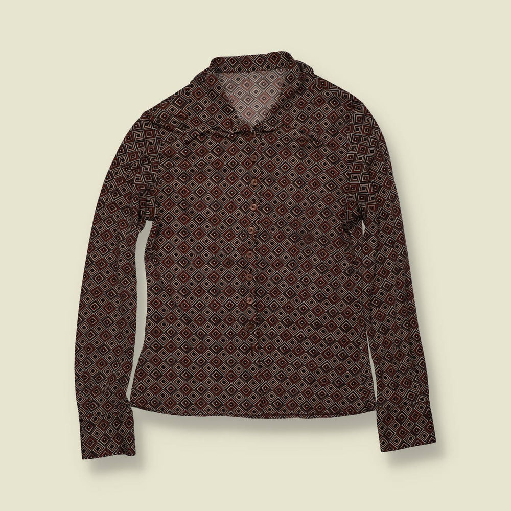 1970s | Geometric Print Blouse - Brown - 8