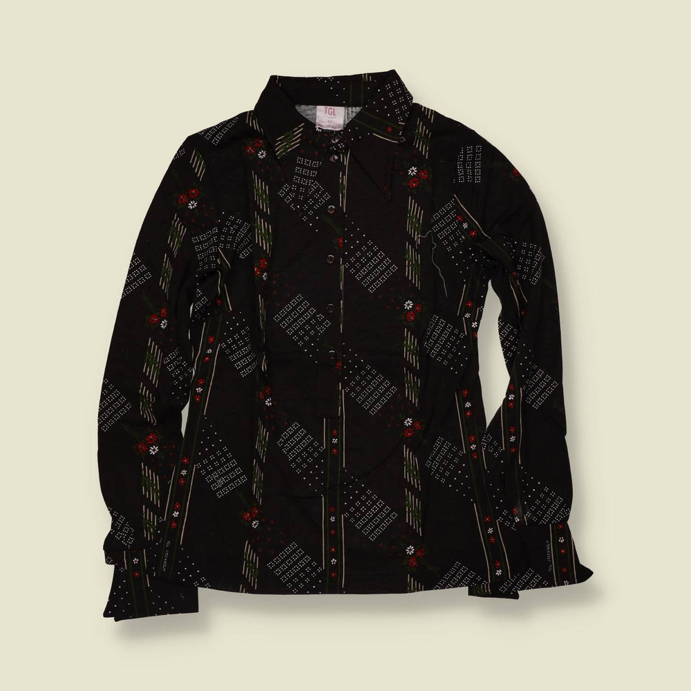 1970s | TGL | Floral Geometric Print Blouse - Black - Deadstock - 8