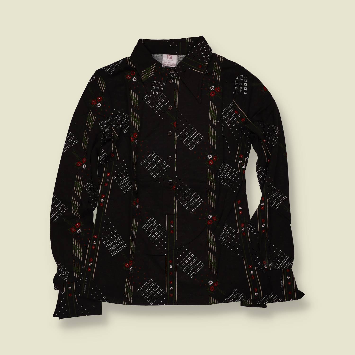 1970s | TGL | Floral Geometric Print Blouse - Black - Deadstock - 8