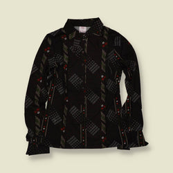 1970s | TGL | Floral Geometric Print Blouse - Black - Deadstock - 8