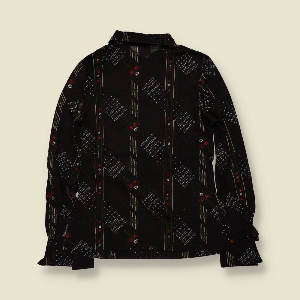 1970s | TGL | Floral Geometric Print Blouse - Black - Deadstock - 8