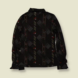 1970s | TGL | Floral Geometric Print Blouse - Black - Deadstock - 8