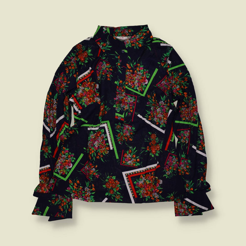 1970s | TGL | Floral Geometric Print Blouse - Black - Deadstock - 12