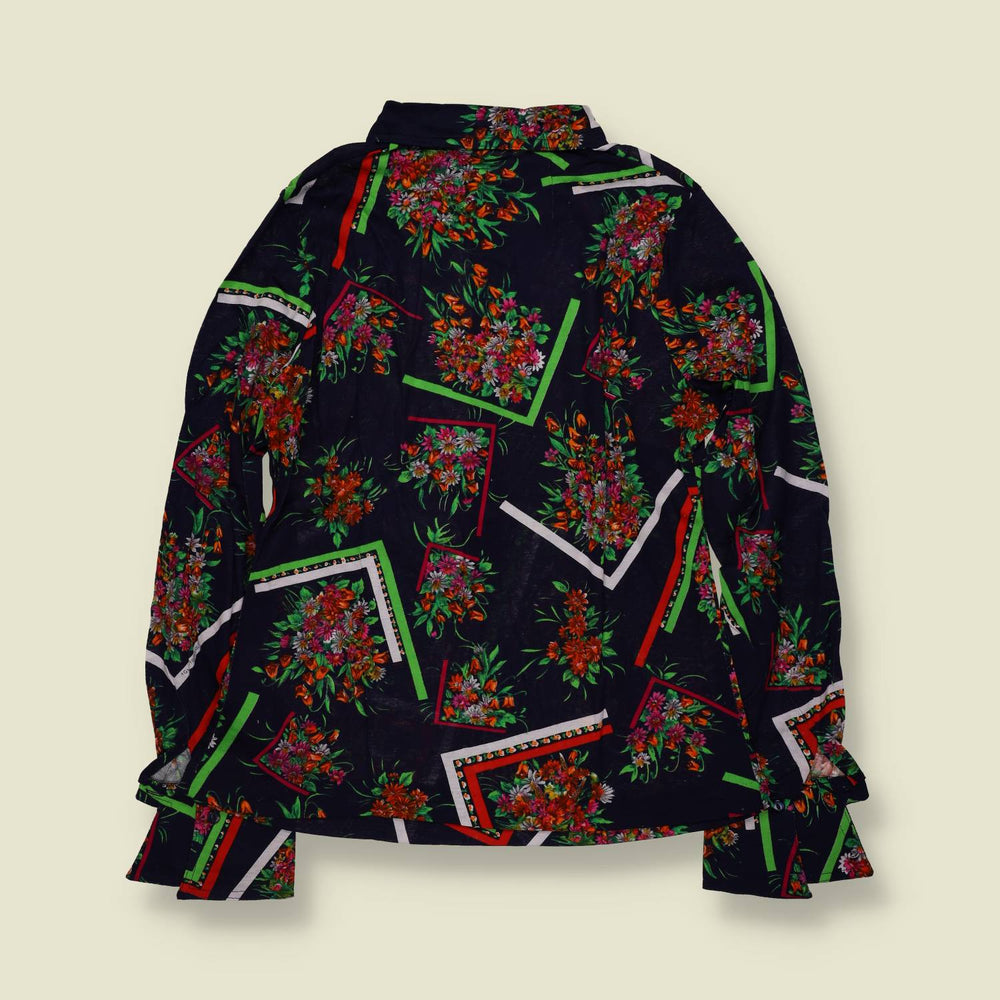 1970s | TGL | Floral Geometric Print Blouse - Black - Deadstock - 12