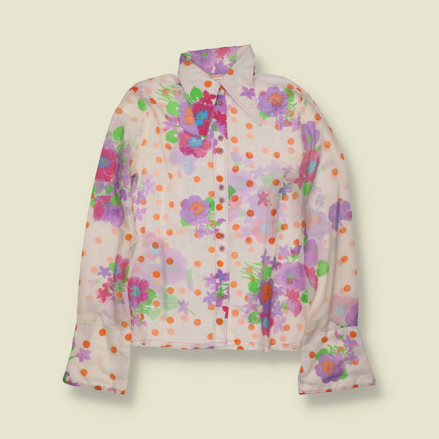 1970s | Dacron | Floral and Polka Dot Blouse - White - 8