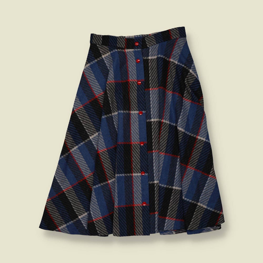 1970s | Check Wool Blend Skirt - Navy - w26