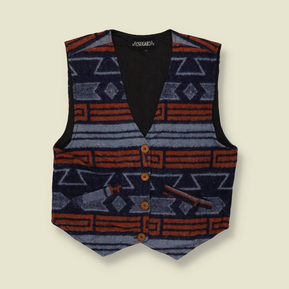1980s | Sugar | Aztec Pattern Waistcoat | Blue And Rust - 12