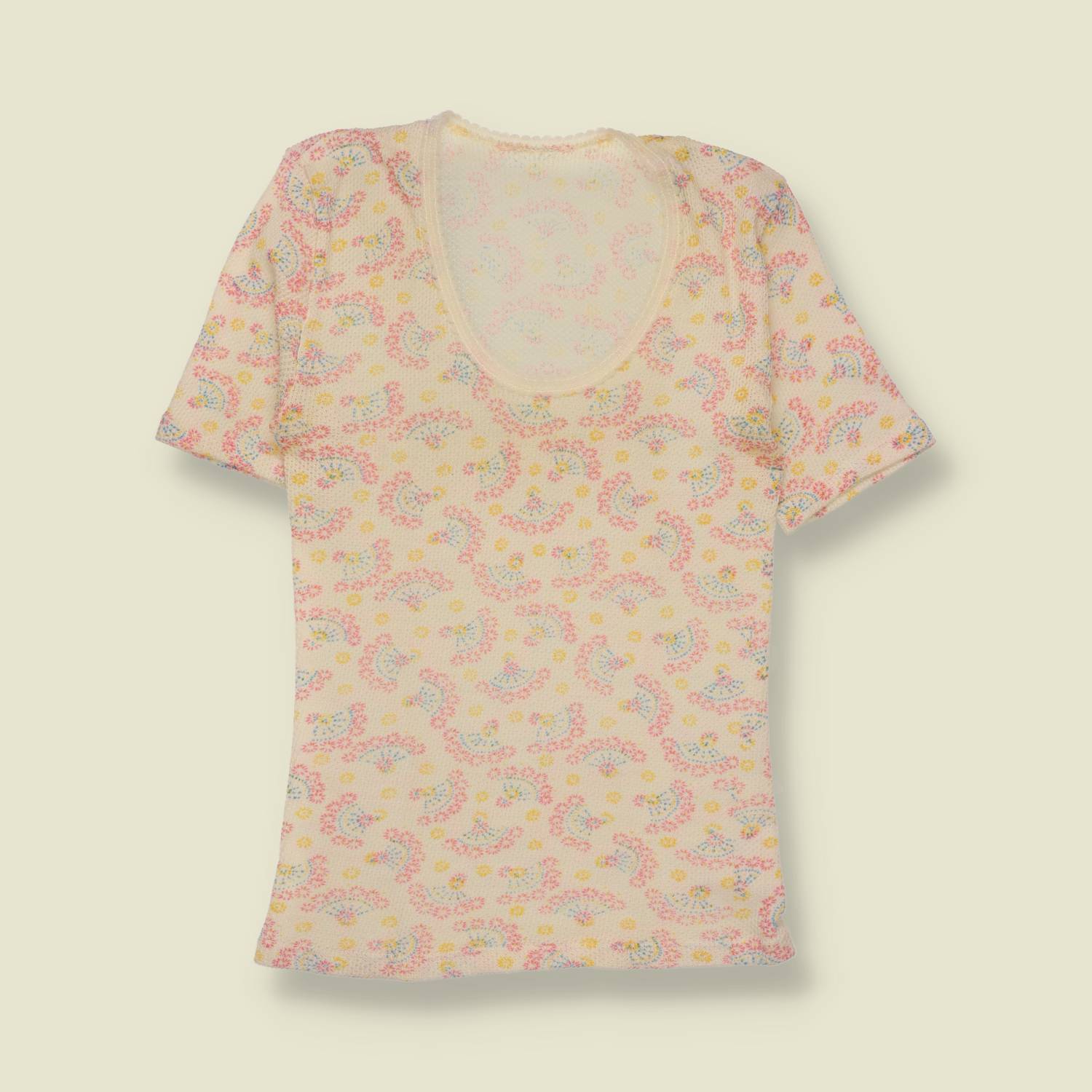 1970s | Paisley Print Knit Tee | Cream - 4