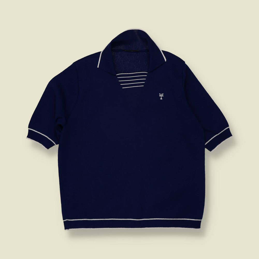 1970s | Shawl Collar Knit Top | Navy - 12