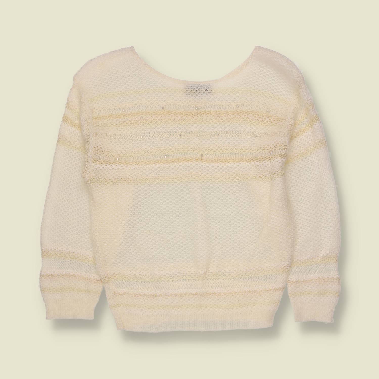 1960s-1970s | Stripe Knit Sweater with Rhinestone Detail | Cream - 6