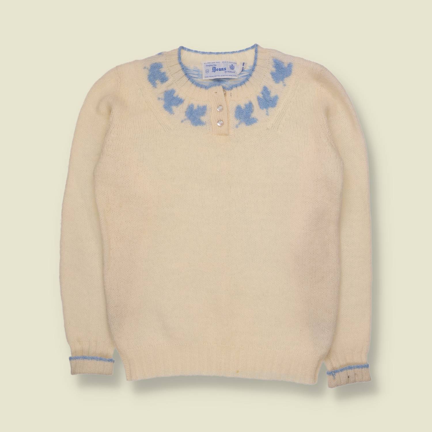 1960s | Deans of Scotland | Leaf Motif Shetland Wool Sweater | Cream - Hand Frame Knitted - 10