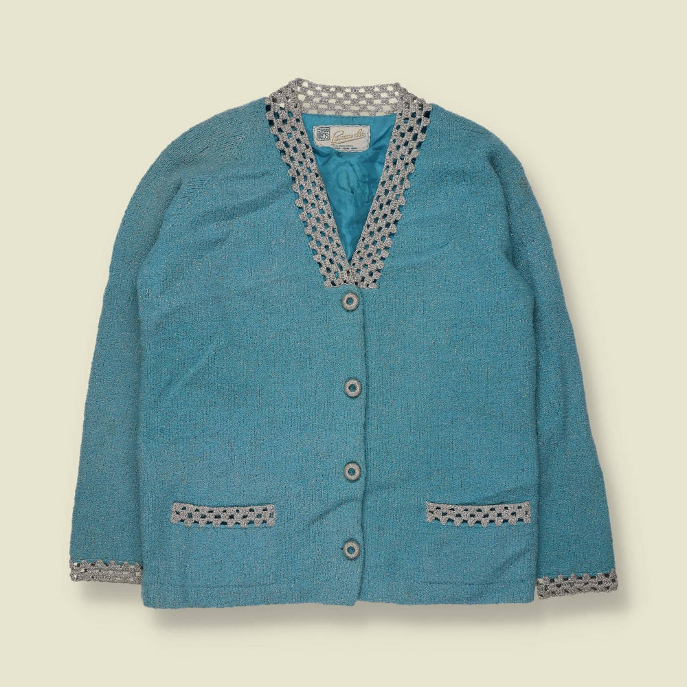 1950s-1960s | Pomme Chic | Lurex Trim Knit Cardigan | Teal - Made in Hong Kong - 10
