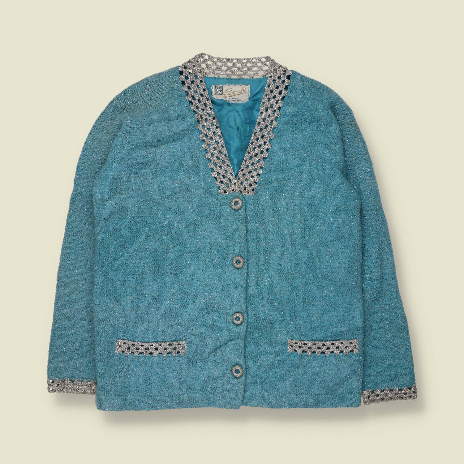 1950s-1960s | Pomme Chic | Lurex Trim Knit Cardigan | Teal - Made in Hong Kong - 10