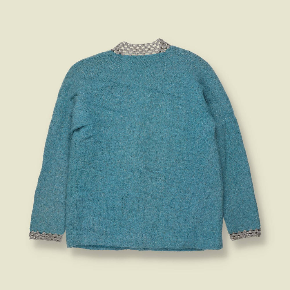 1950s-1960s | Pomme Chic | Lurex Trim Knit Cardigan | Teal - Made in Hong Kong - 10