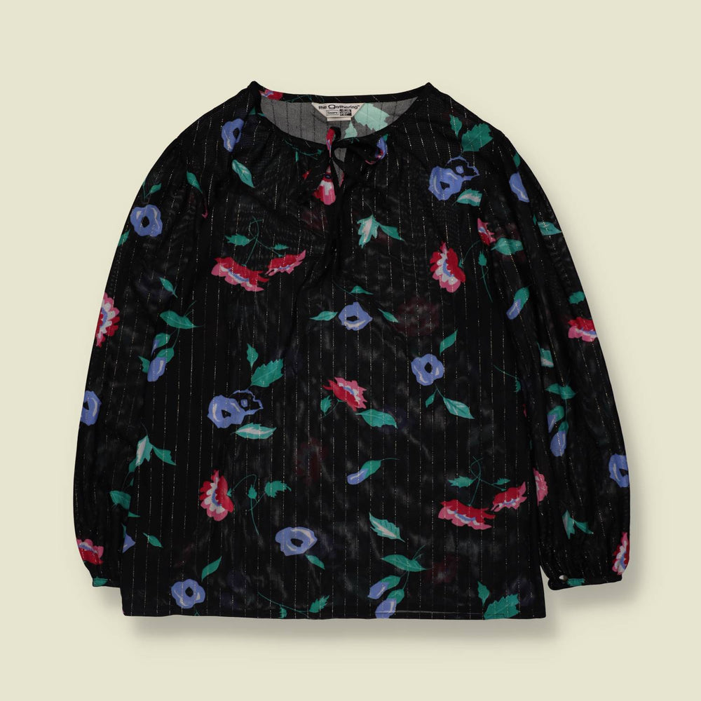 1980s | Sears | Floral Blouse | Black - 14