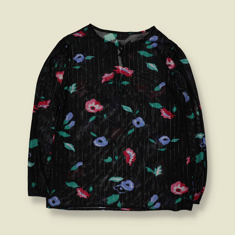 1980s | Sears | Floral Blouse | Black - 14