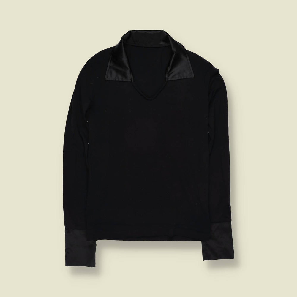 1970s | Black Satin Trim V-Neck Blouse - 6