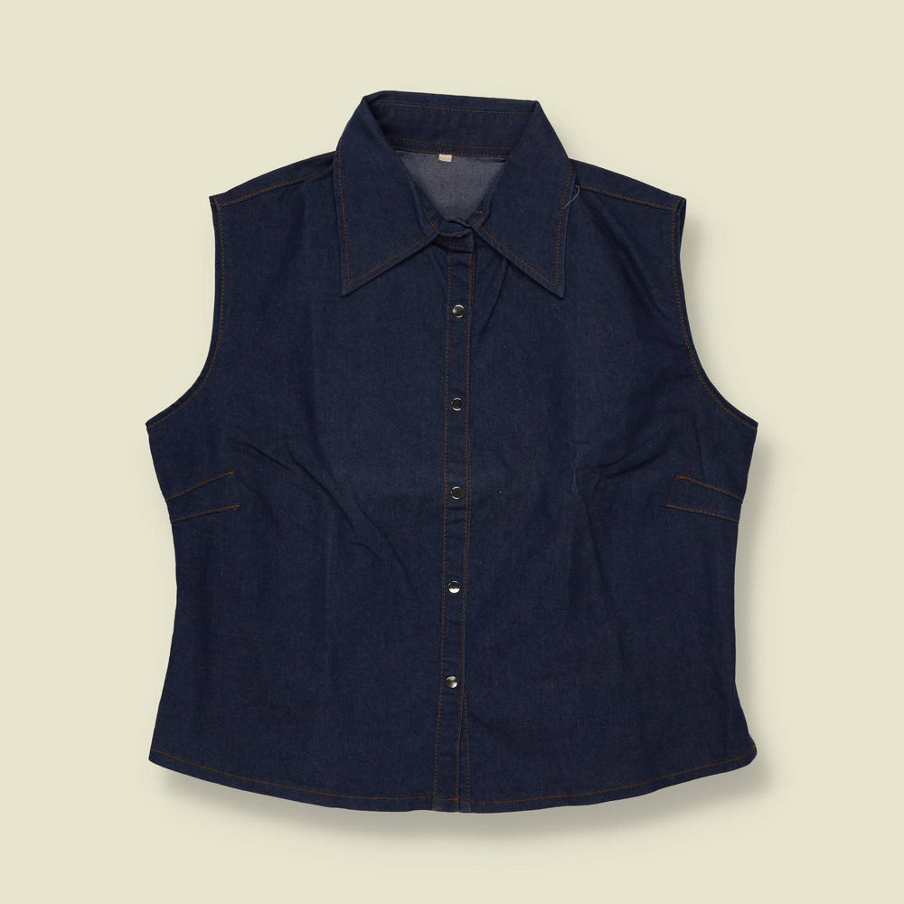 1970s | Dark Denim Sleeveless Western Blouse- 10