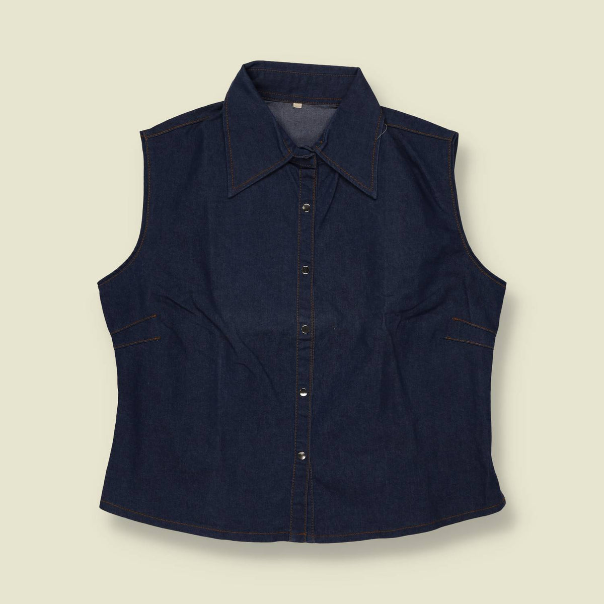 1970s | Dark Denim Sleeveless Western Blouse- 10
