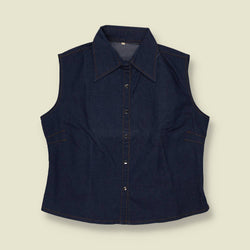 1970s | Dark Denim Sleeveless Western Blouse- 10