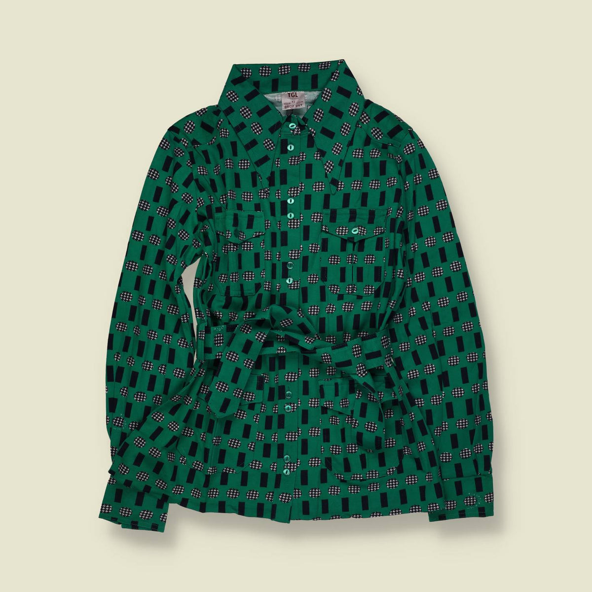 1970s | TGL | Deadstock Geometric Print Belted Blouse - 10